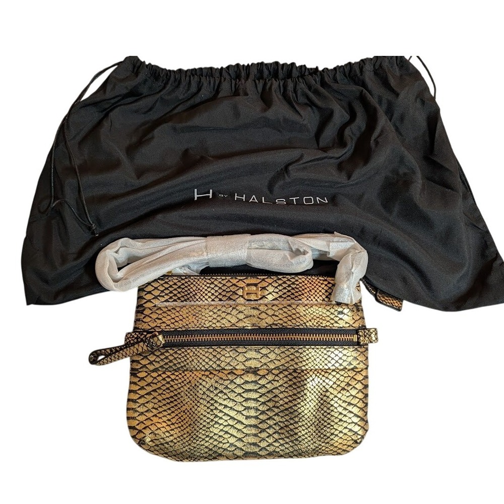 H Halston Gold‎ Snake Embossed Genuine Leather Crossbody Bag with Dustbag